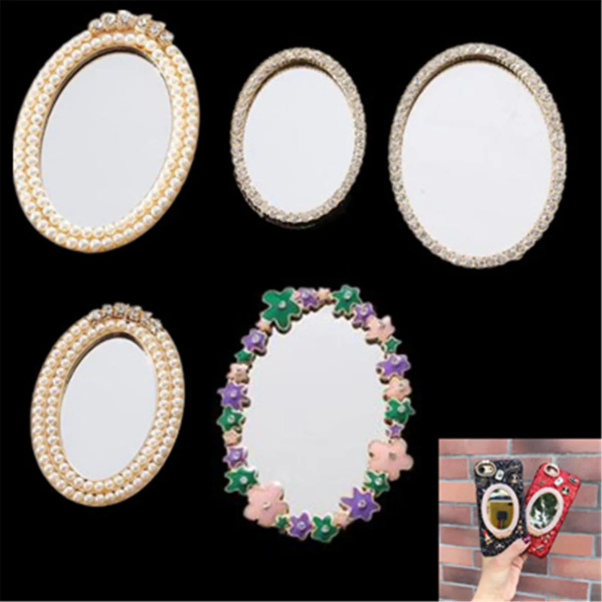 Mixed Flower Pearl Pink Oval Glass Mirror Bling 3D DIY Mobile Cell Phone Case Decor Accessory