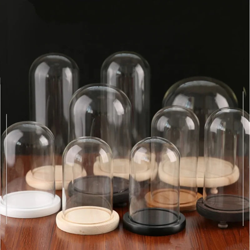 Glass Dome With Wooden Base Bell Shape Flower Cover Stand Display Wedding Decoration