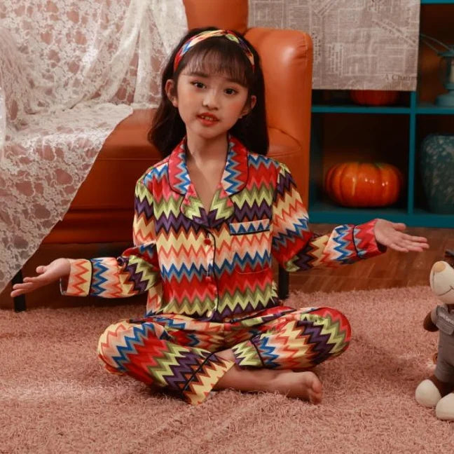 Satin Pajamas for Girl 2026 Cute Colorful Elastic Waist Thermal Summer Pajamas with Headband