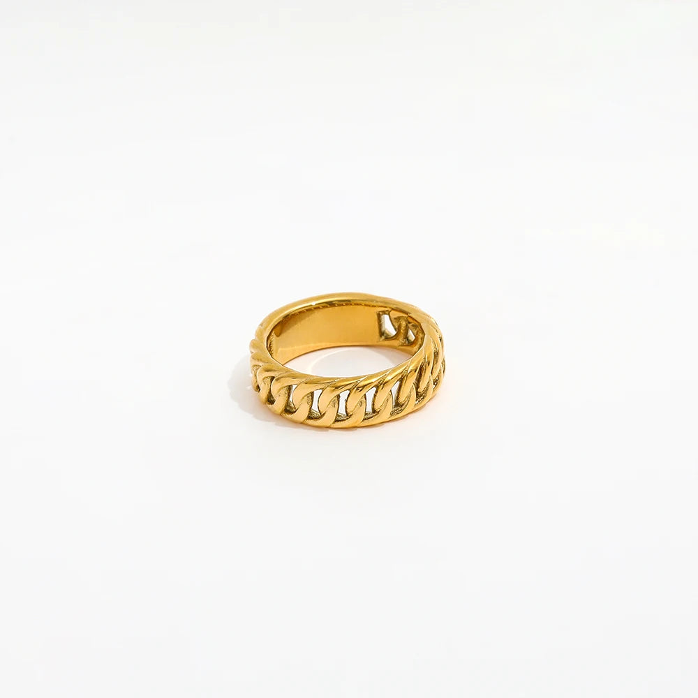High End 18K Plain Gold Chain Knit Hollow Rings Stainless Steel Trendy Simple Gold Plated Jewelry