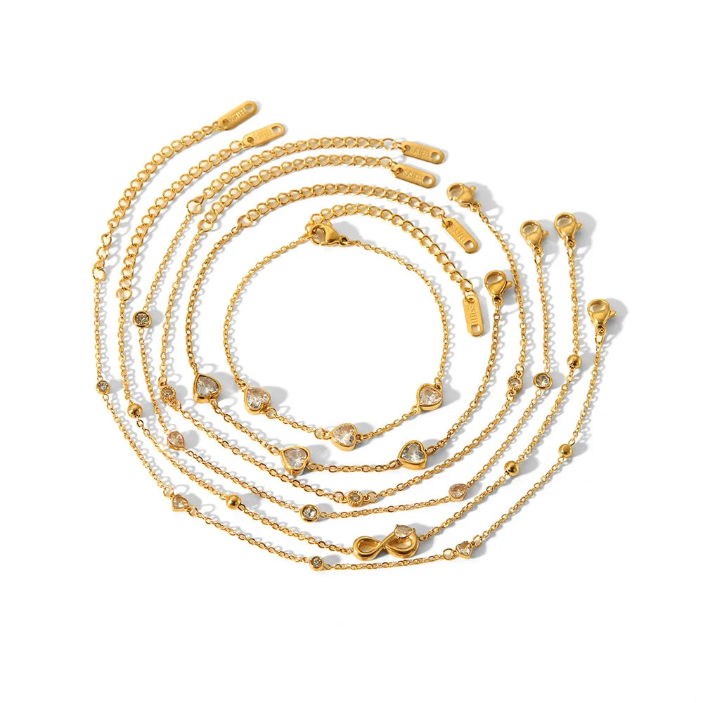 Adjustable 18k Gold Stainless Steel Anklet for Women Waterproof Non-Tarnish Fashion Jewelry with Zircon Main Stone