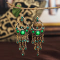 Green Rhinestone Beaded Earrings India Gypsy Jewelry Bohemia Ethnic Gold Metal Hollow Tassel Dangling Green Indian Earrings
