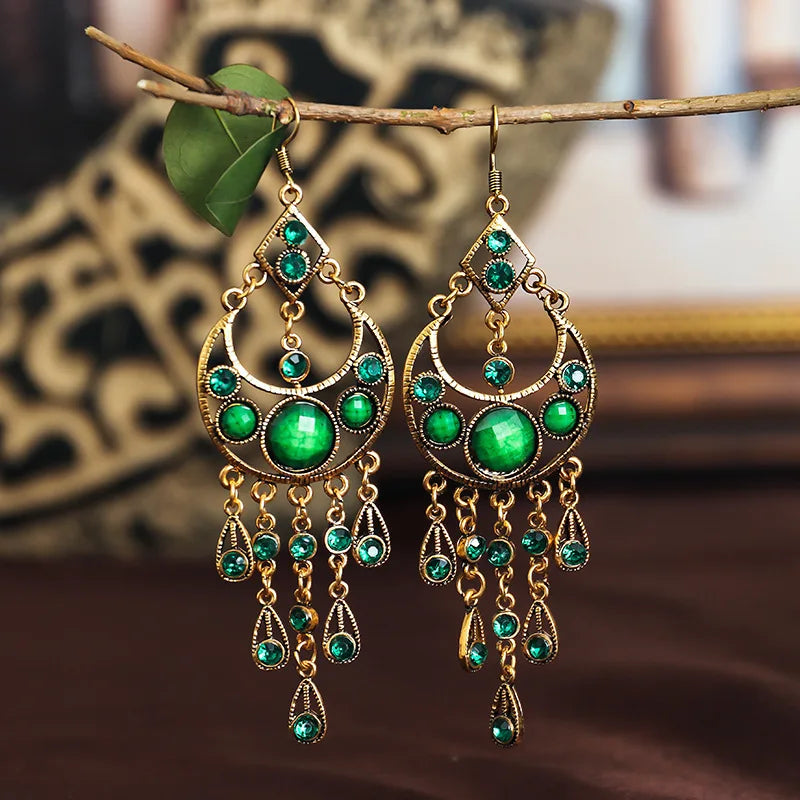 Green Rhinestone Beaded Earrings India Gypsy Jewelry Bohemia Ethnic Gold Metal Hollow Tassel Dangling Green Indian Earrings