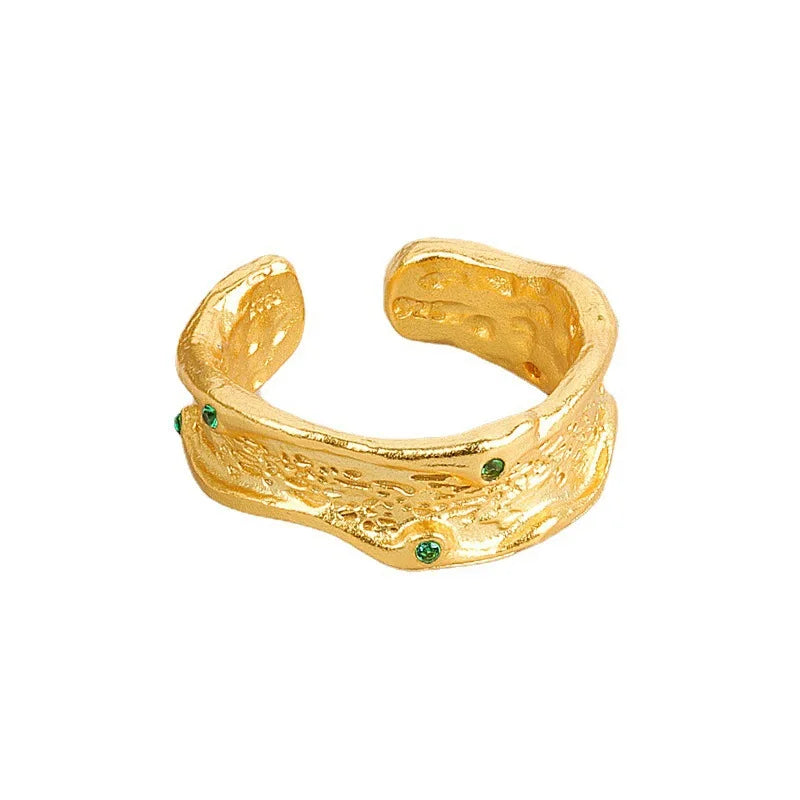 Gold Irregular Ring Green Stone 18K Gold Plated Resizeable Luxury Silver 925 Rings