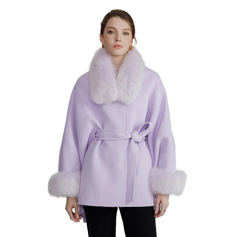 Popular Design Poncho Cashmere Coat Women Double Faced Wool Coat With Fox Fur Collar Cuffs