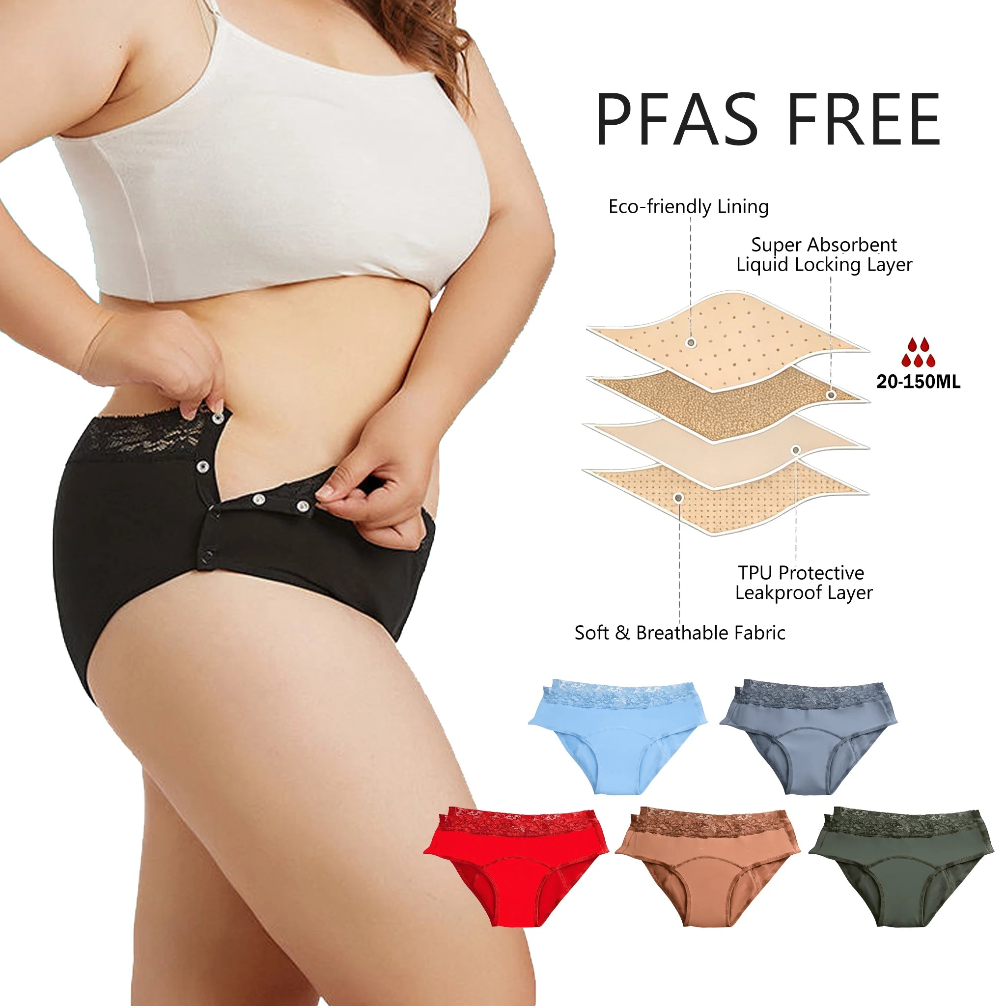 Shanhao OEM Adjustable Waistband Leakproof Panties PFAS-free Menstrual Incontinence Underwear Bio Based Period Panties