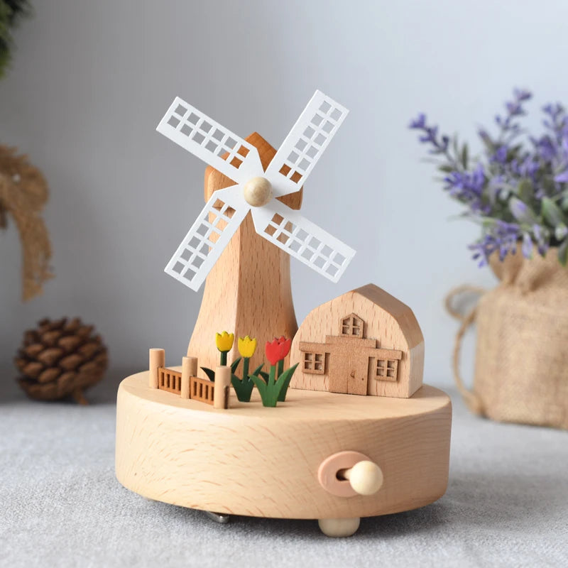 Wholesale Custom Cozy Wooden Windmill Clockwork Music Box for Kids' Gifts