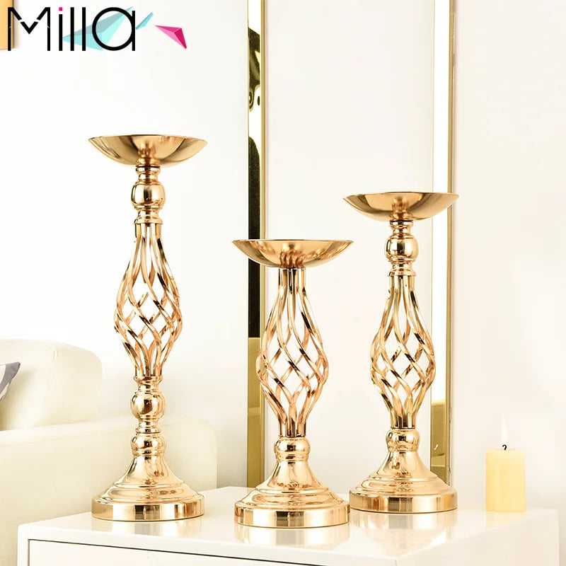 Creative Large Gold Metal Candle Holder and Flower Vase Rack Luxury Wedding Table Centerpiece Hollow Design