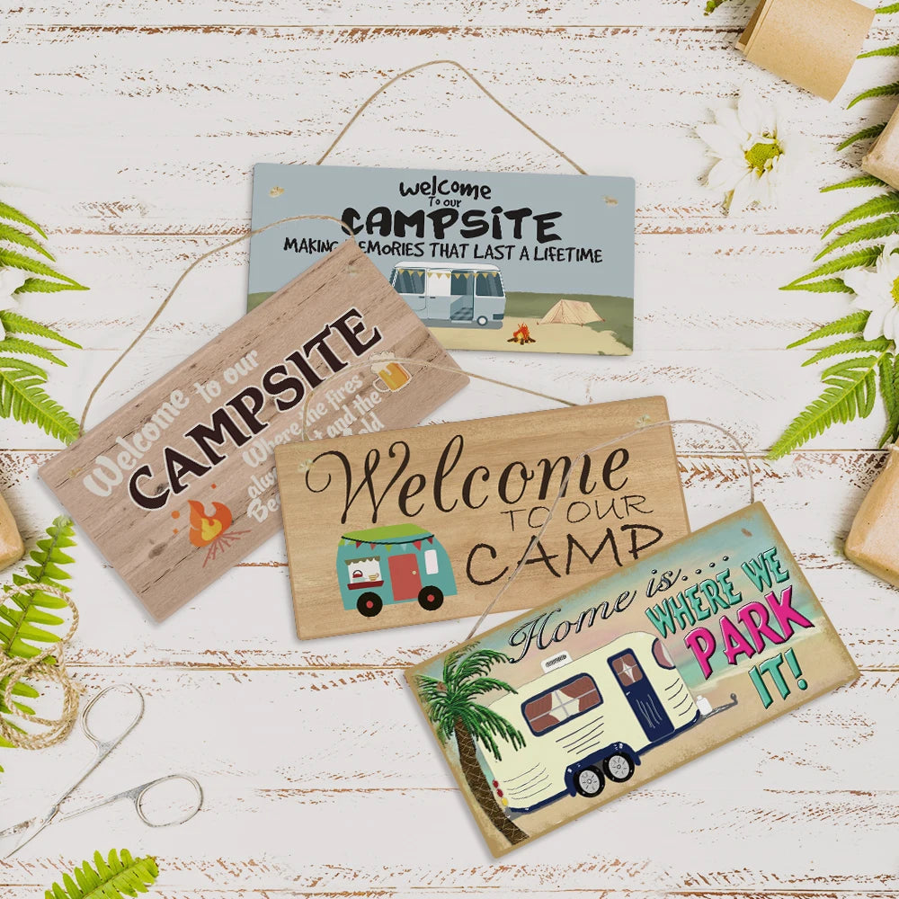 Putuo Decor Camping Wooden Sign Hanging Wall Sign RV Wood Plaque with Hole Campsite Decor