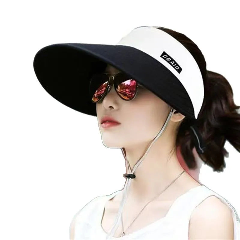 Women Summer Empty Ponytail Friendly Wide Brim Beach Bucket Cap UV Protection Casual Leisure Outdoor Sports Sun Visor Hat
