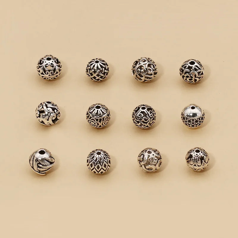 10mm Unique 925 Sterling Silver Engrave Flower Hollow Round Charm Beads for Jewelry Making Accessories Supplies