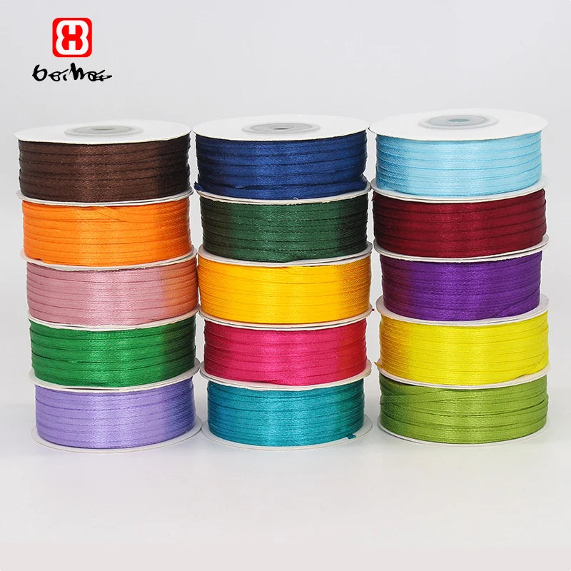Factory Wholesale Stocked  Solid Colors 3 mm 100% Polyester Double Face Satin  Ribbon  Roll for Gift Wrapping