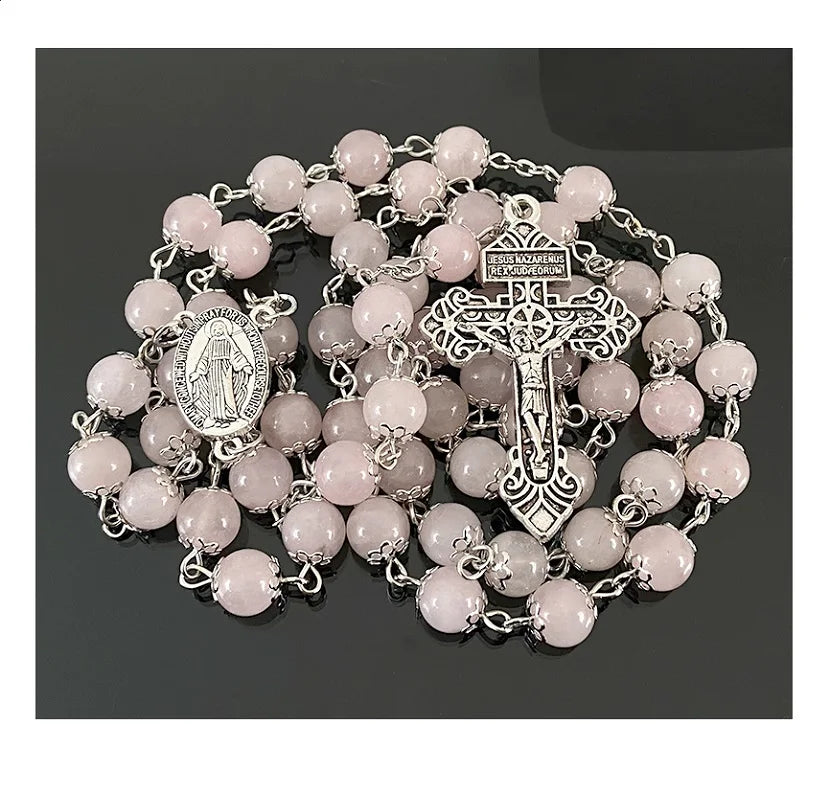 Pink Jade Stone  Agate Beaded Latest Bless Catholic Rosary Necklace With Silver Love Heart and Miraculous Medal