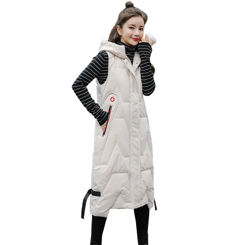 2026 Winter Puffer Long Loose Full Zipper Women Plus Size Hooded Vest Sleeveless Jacket