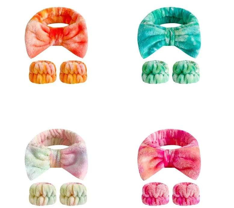 Tiedye Makeup Bow Headband Skincare Headband with Wrist Washband
