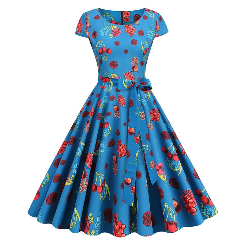50s Vintage Casual Elegant Print O Neck Retro Rockabilly Dresses With Pockets