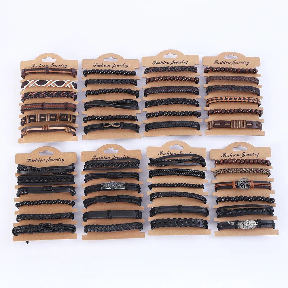 6Pcs Vintage Multiple Layers Leather Bracelet Set for Men Male Simple Handmade Braided Wrap Charm Wristband Bracelet Jewelry