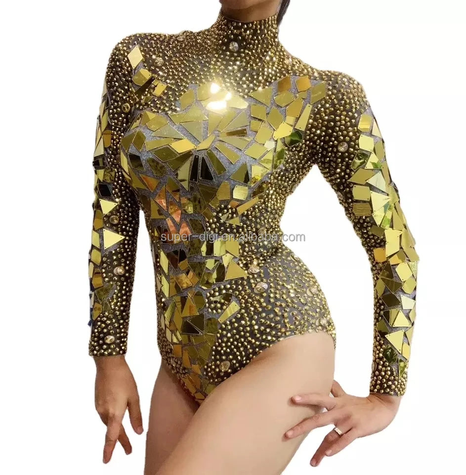 Luxury Show Rhinestone Mirrors Bodysuit Women"s Birthday Celebrate Outfit Bar Singer Dancer Show Stretch Dance Costume