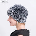 MWFur Women Hats With Flower Winter Head Wear for Women Girls Rex Fur Winter Women Hat Fashion Hats Rex Rabbit Fur Caps