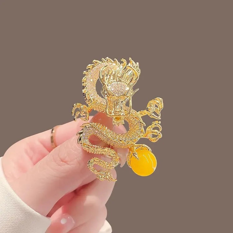 Golden Dragon Playing Pearl 2024 Dragon Year Gift Zodiac Dragon Brooch