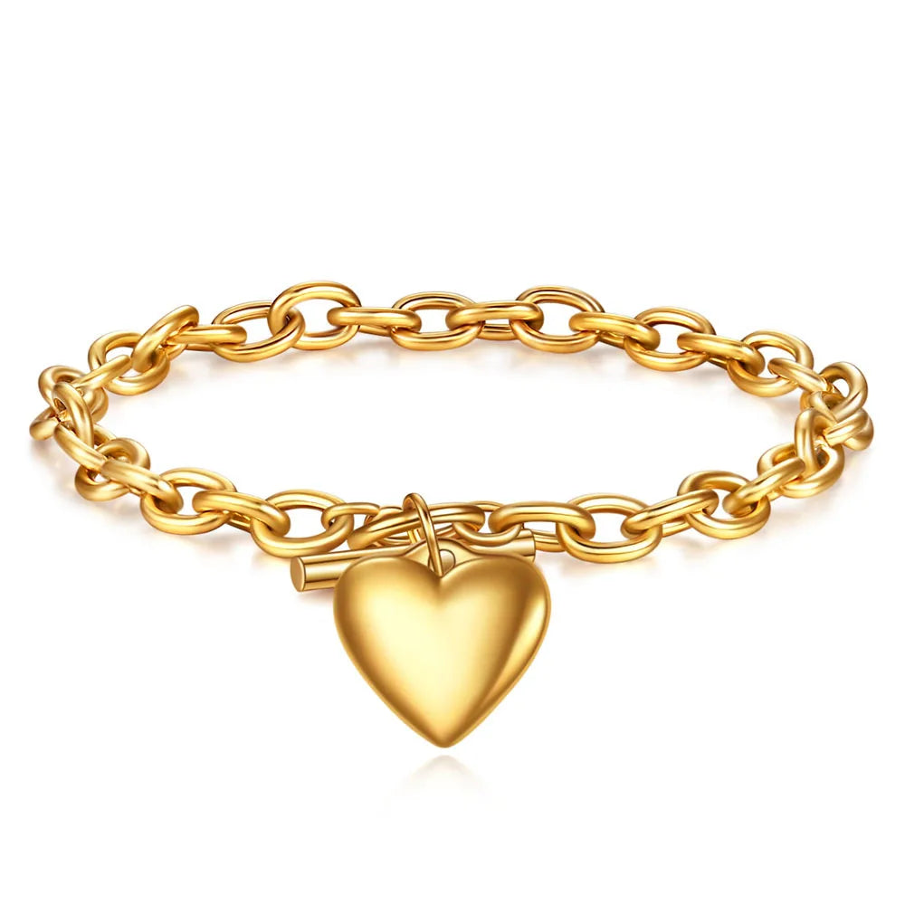 Wholesale 18k Gold Plated Stainless Steel Bracelets Jewelry Cable Chain OT Buckle Heart Love Pendant Bracelet for Women