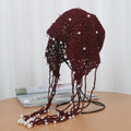 MIO Crochet Hats with Beads at End Spring Handmade Girls Beanie with Tassel Ethnic Retro Imitation Pearls Hollow Hat Knitted