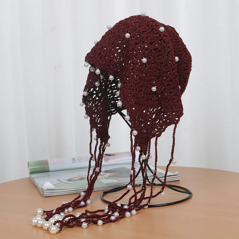 MIO Crochet Hats with Beads at End Spring Handmade Girls Beanie with Tassel Ethnic Retro Imitation Pearls Hollow Hat Knitted