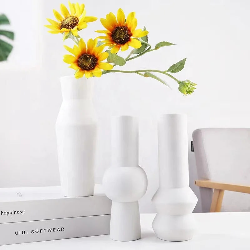 Creative Simple European Style White Ceramic Vase Modern Artistic Porcelain for Living Room Decoration Dried Flower Ornament