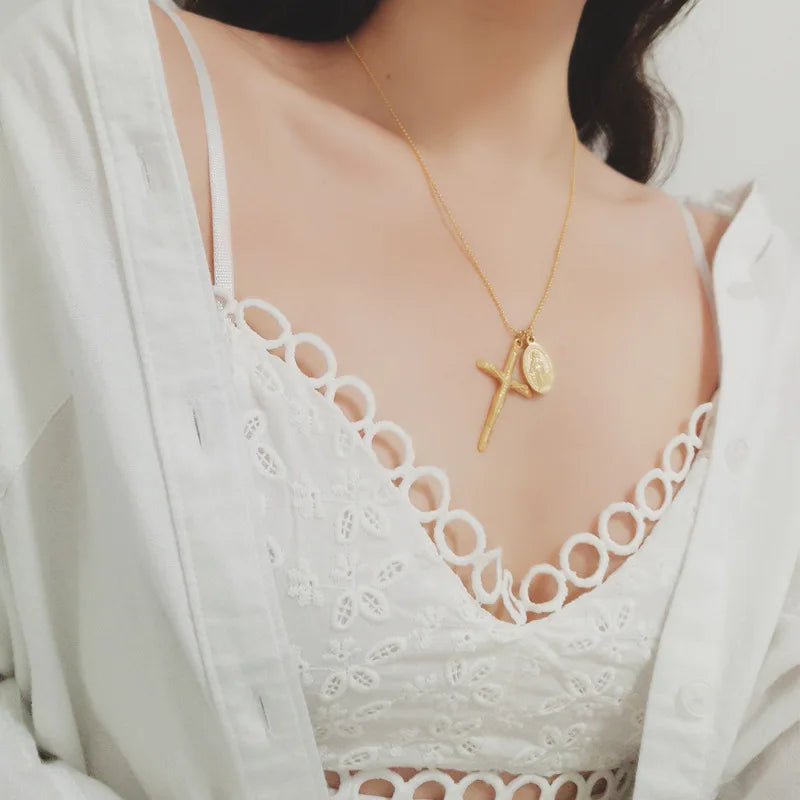 Moge Jewelry Collares Mujer Virgin Mary Cross Pendant Necklace 18k Pvd Gold Plated  Long Bead Chain Necklace Women