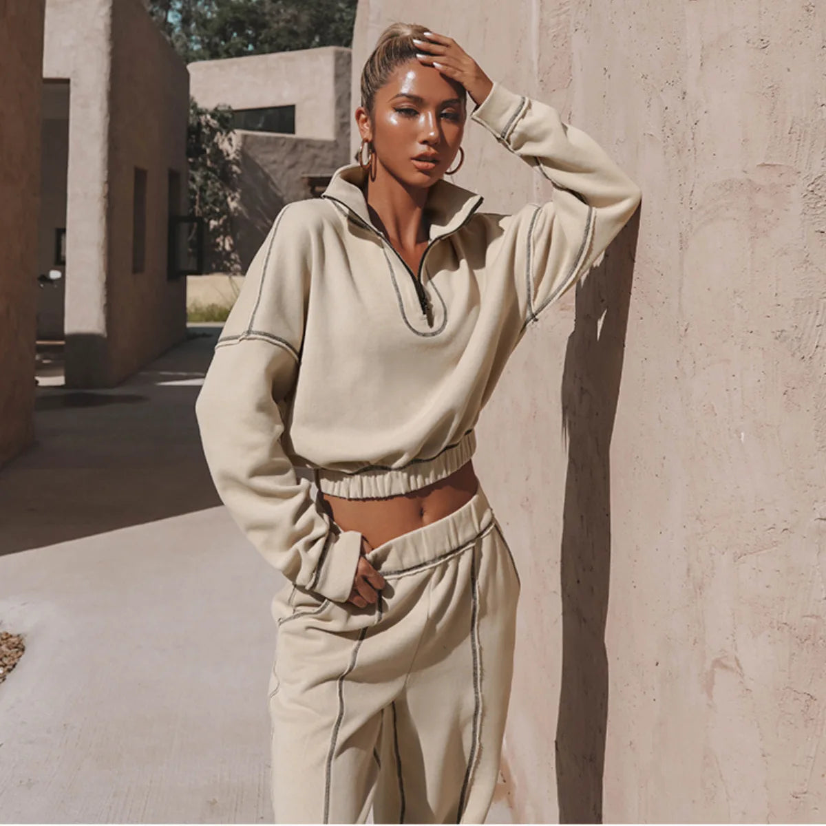 Tracksuit Custom Autumn Sports Wear for Women Winter Casual Solid Color Hoodie Jogger 2 Piece Set
