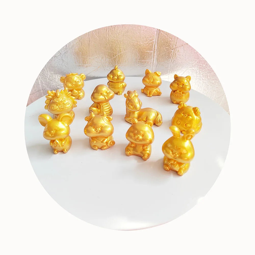 12 Chinese Zodiac Signs Resin Miniature Animal Cabochon 3D Gold Color Models Fit Spring Festival Key Ring Dangles Pendant Access