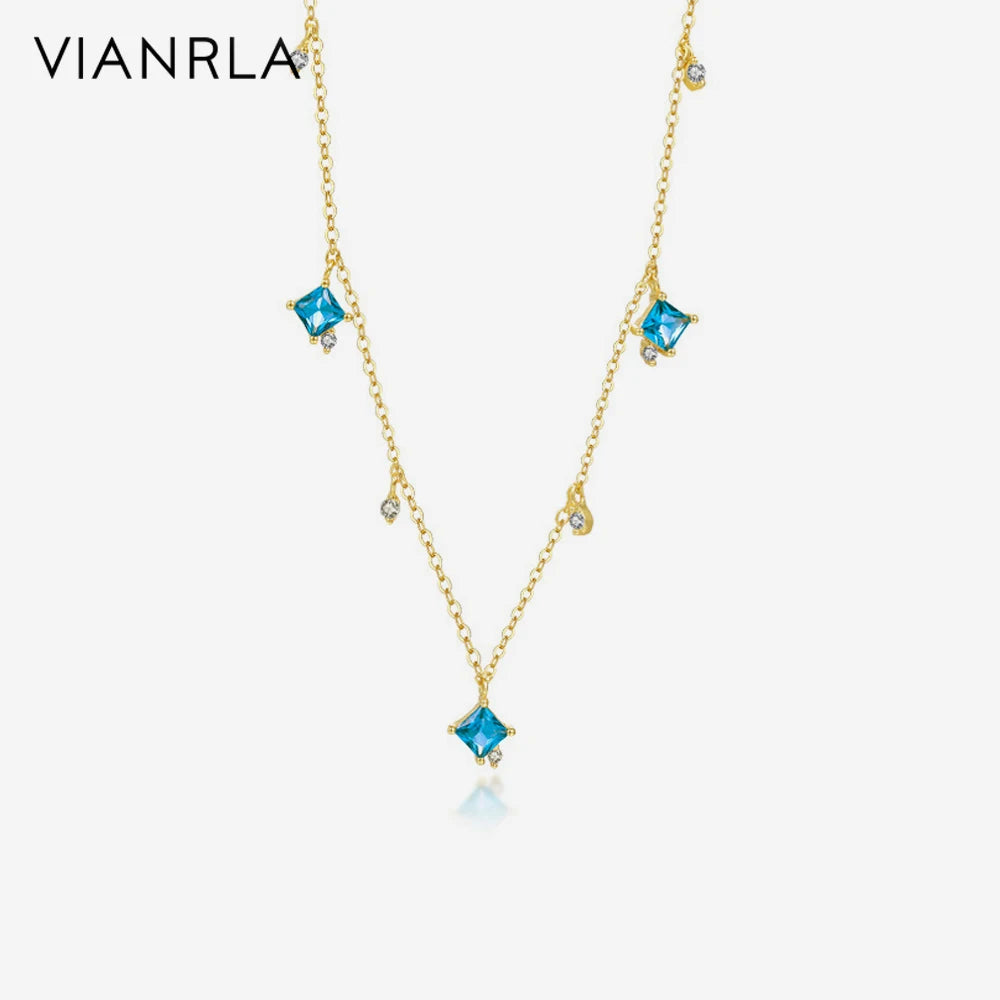 VIANRLA Jewelry Necklace Blue CZ Star Shape Pendant 925 Sterling Silver 18k Gold Chain Dainty Jewelry