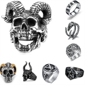 Customized Eco-Friendly Handmade Stainless Steel BCF01-31 Baphomet Satanic Style Skull Ring Digital Printing for Birthday Gift