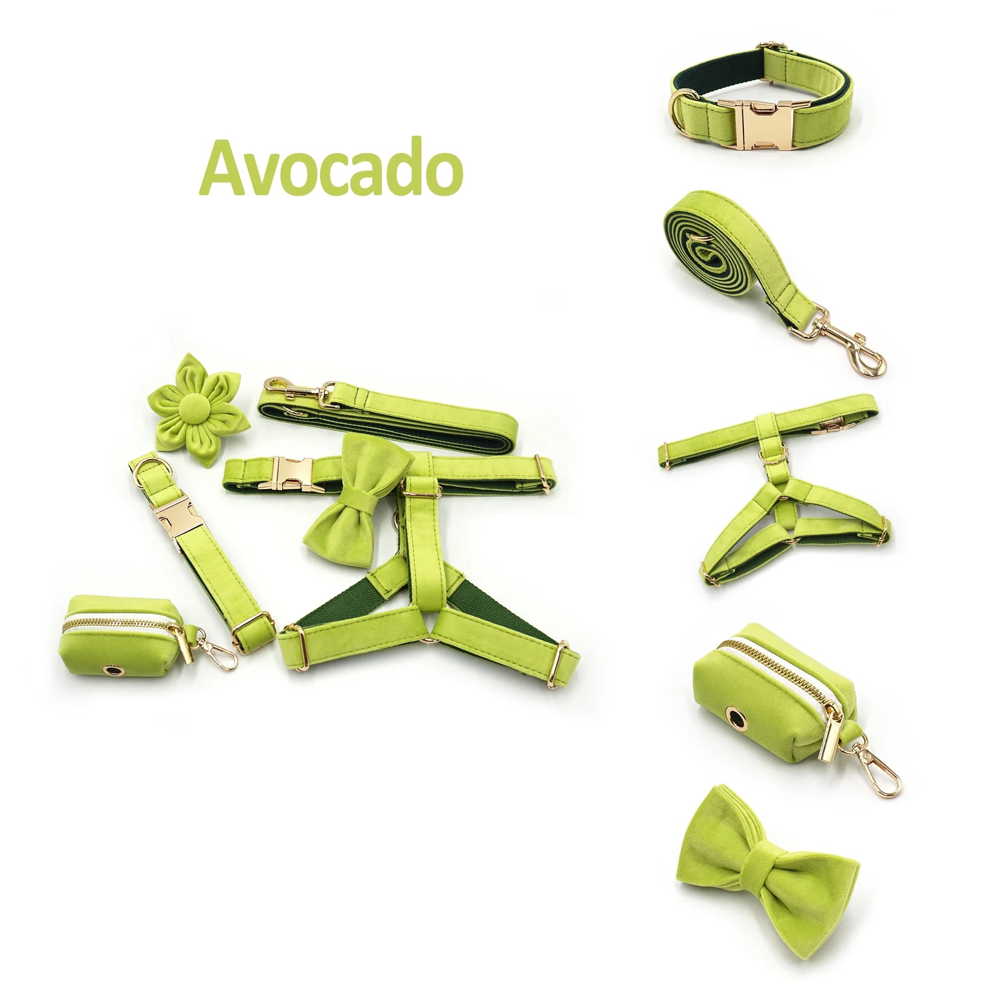 New Products 2024 Unique Elegant Fashion Avocado Velvet Dog Harness Set Dog Poop Bag Holder Custom Dog Leash Hardware Pet Bow