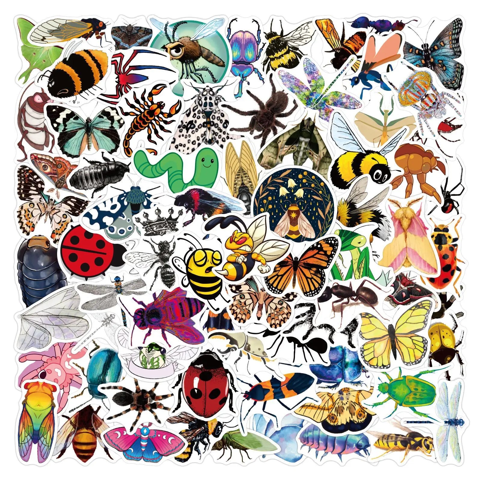 100PCS No Repeat Insects Bee Flying Butterflies Caterpillar Cartoon Sticker 3D for Kids Gift 2022 Creative Sticker Pack