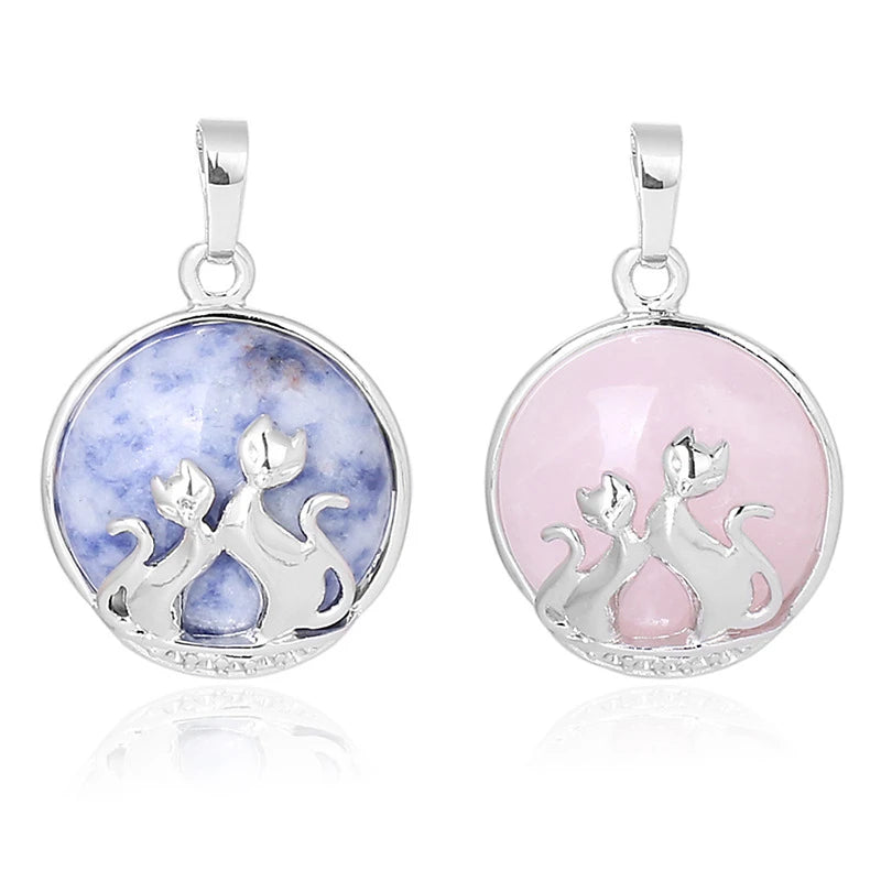 Best Sell Natural Charm Stone Chakra Healing Crystals Pendant Round Gemstone Pendant Necklace Silver Cat Jewelry Womens Girls