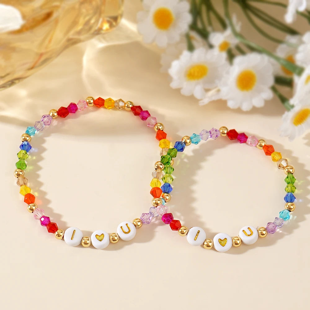 Go2boho Rainbow Stretch Bangles 2Pcs Fashion Jewelry I LOVE U Family Bracelet Crystal Beaded Bracelets for Birthday Gifts