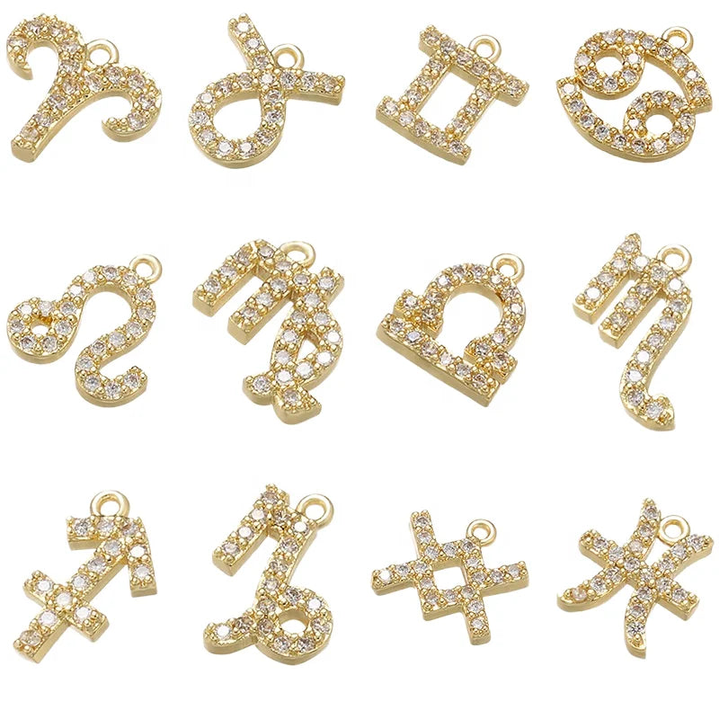 Fashion DIY Jewelry Brass Rhinestone 12 Constellations Charm for Bracelet Necklace Pin Accessories
