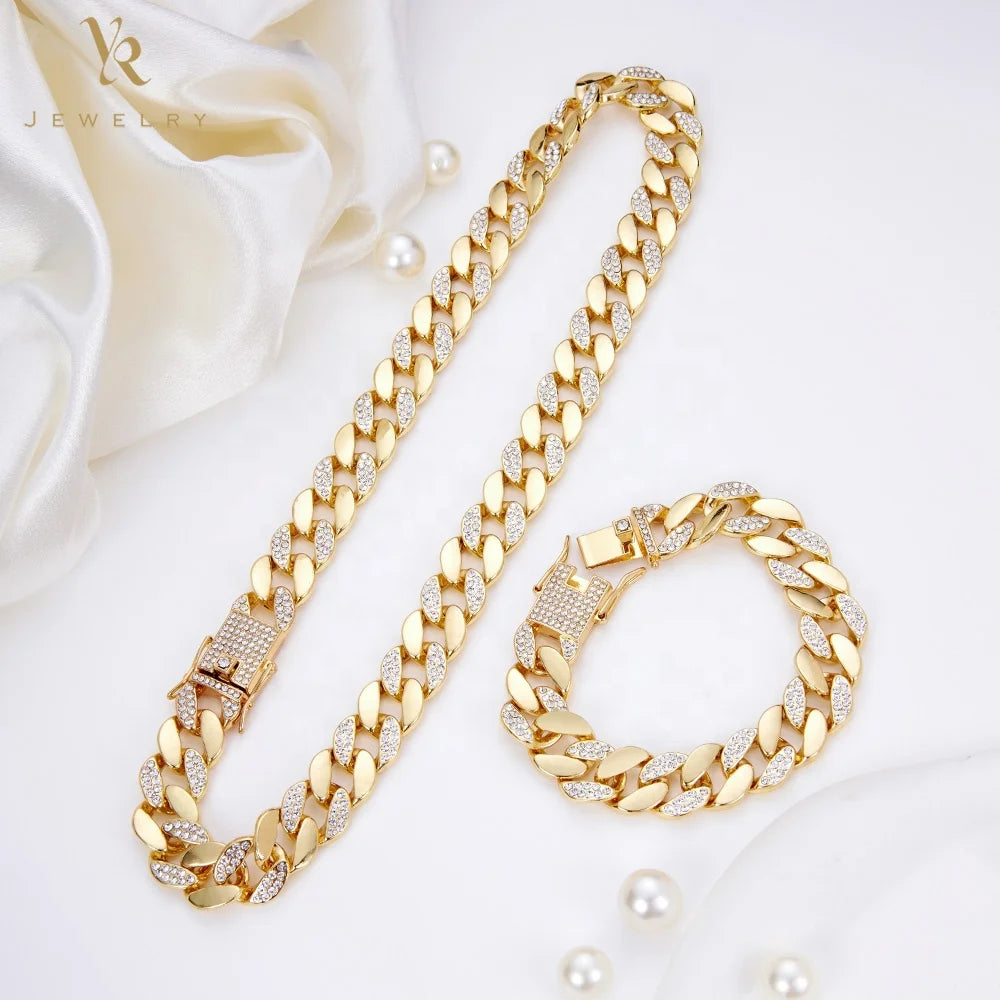 FS4050 Jewellery Manufacturers Personalised 18K Gold Plated Hip Hop Jewelry Set Neck Chain Zircon Necklace Bracelet