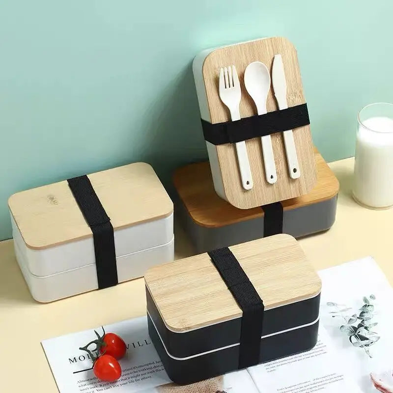 Japanese Style Food Containers 2 Layer Bento Plastic Lunch Boxes with Bamboo Lid