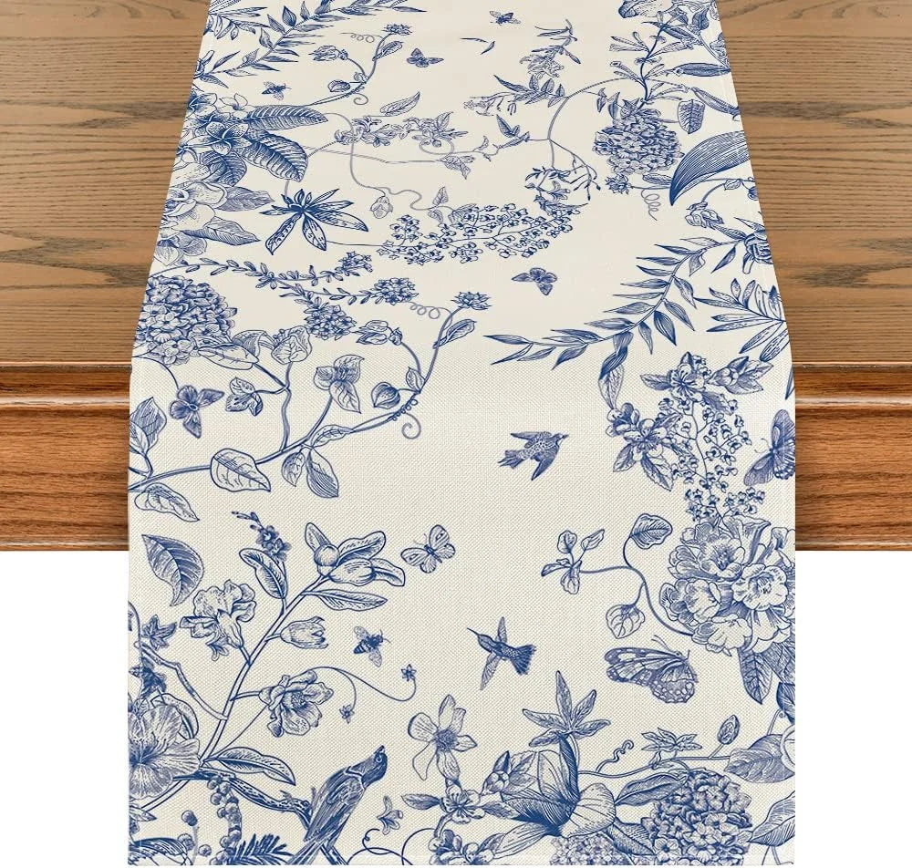 Monochrome Sketch Birds  Flowers Summer Table Runner Seasonal Spring Fall Kitchen Dining Table Decoration for Home Party Decor