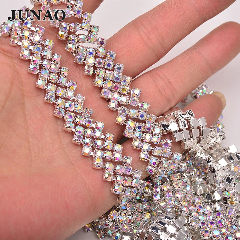JUNAO Top Quality SS16 Sewing Glass Rhinestone Chain Fabric Crystal Ribbon Trim Strass Banding for DIY Crafts