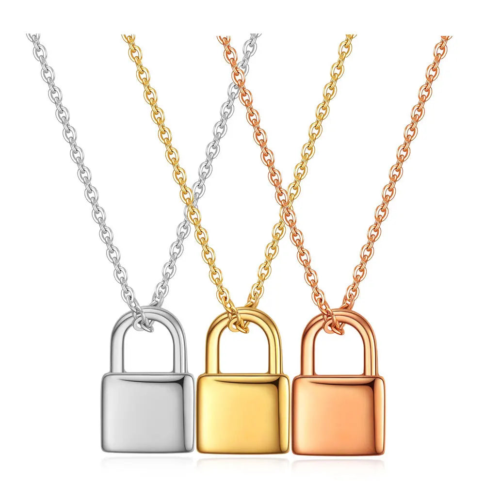 Personalized Jewelry Square Shape Unique Lock Design Pendant Charm Stainless Steel Necklace Can Be Laser