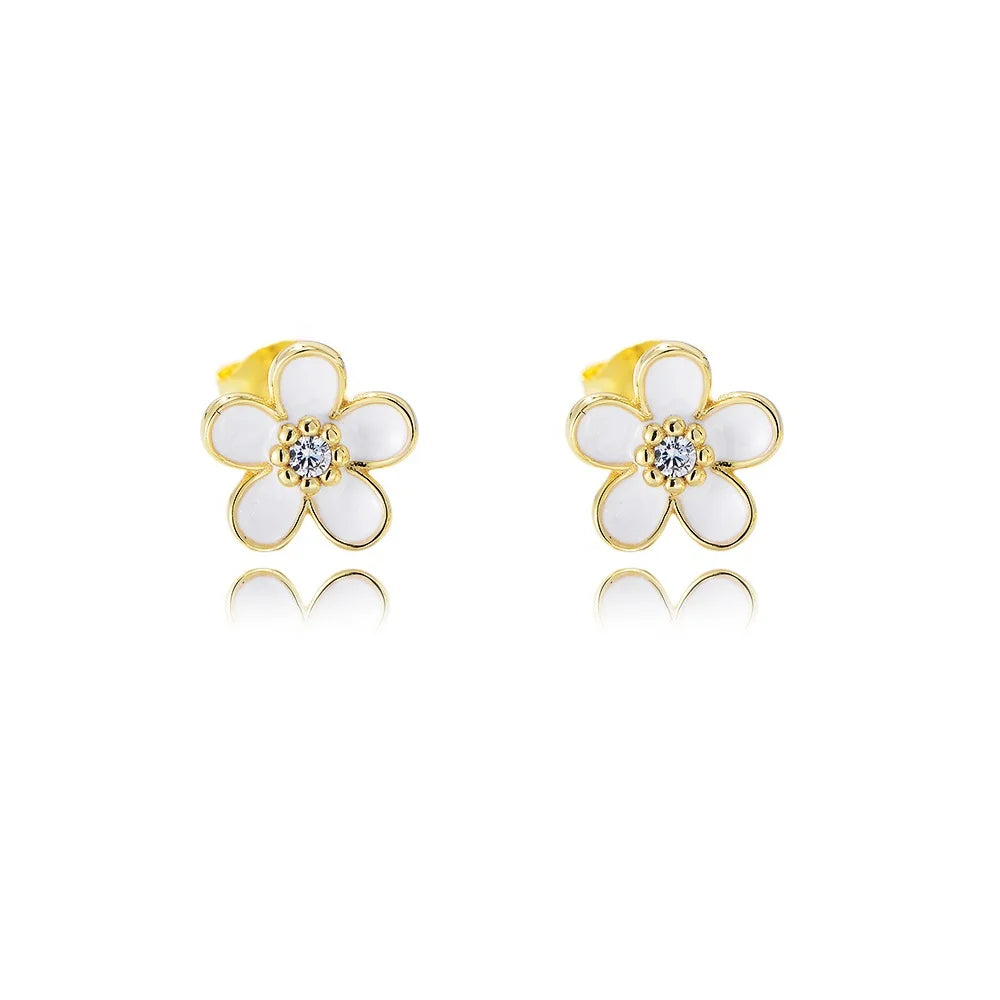 Hot Selling Women Dainty 925 Sterling Silver Gold Plated Flower Enamel Zircon Stud Earring