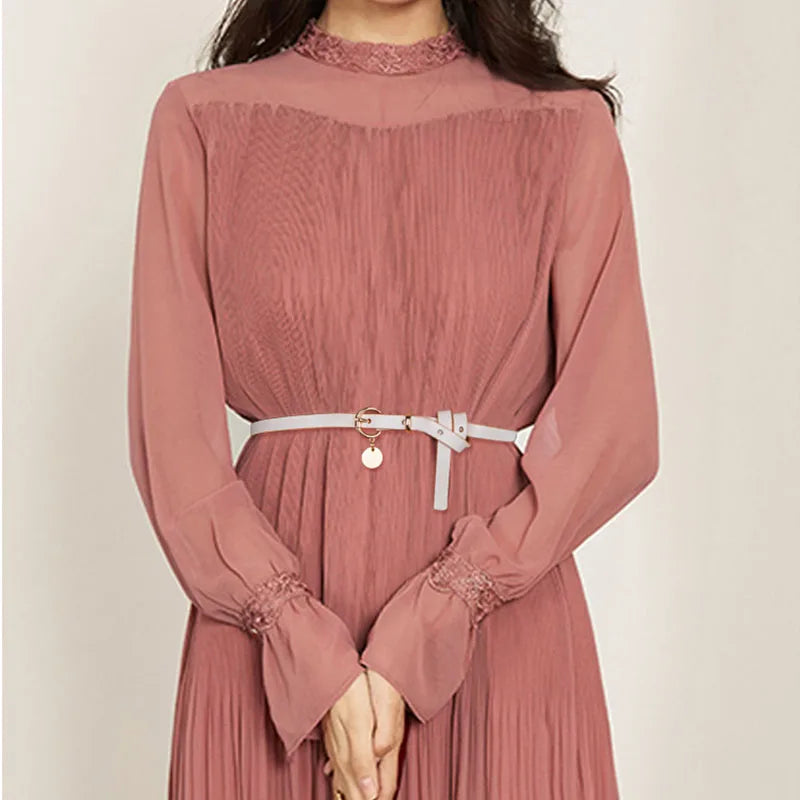 Women's Skinny Leather Waist Belt with Golden for Buckle Cow Hide Material for Dresses
