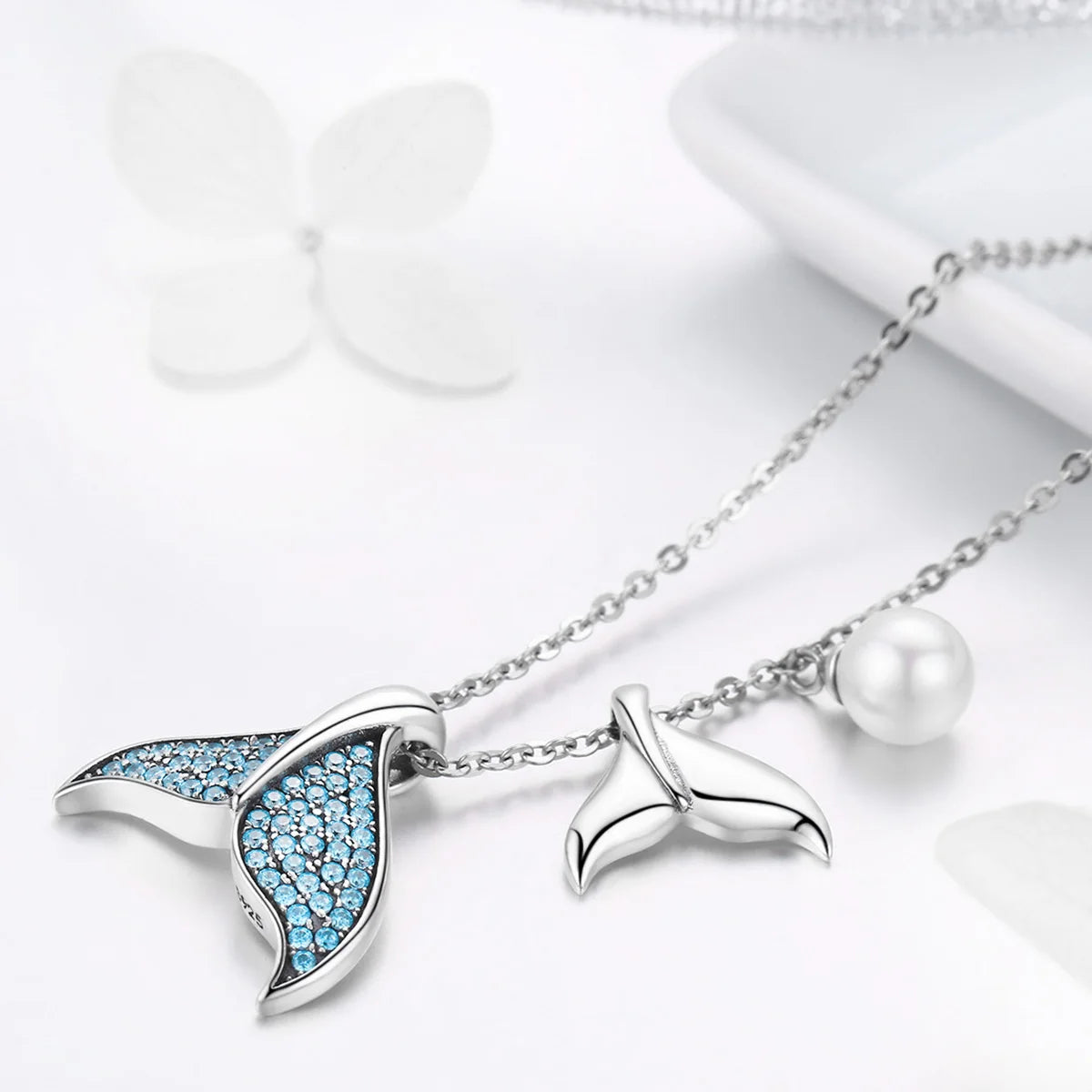 New Arrival Accessories Women Zircon Jewelry Necklace 925 Silver Pearl Fishtail White Pearl Necklace