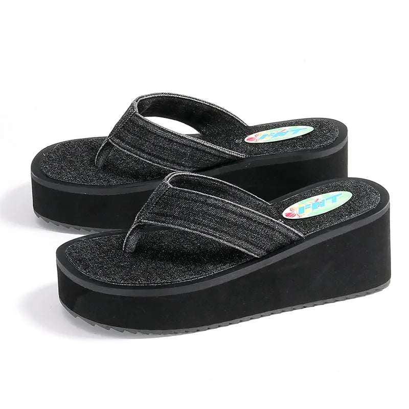 Autumn Collection Famous Designer's Thick Soled Wedge-Soled for Slippers Denim Flip Flops for Women Chaussures Pour Femmes Brand