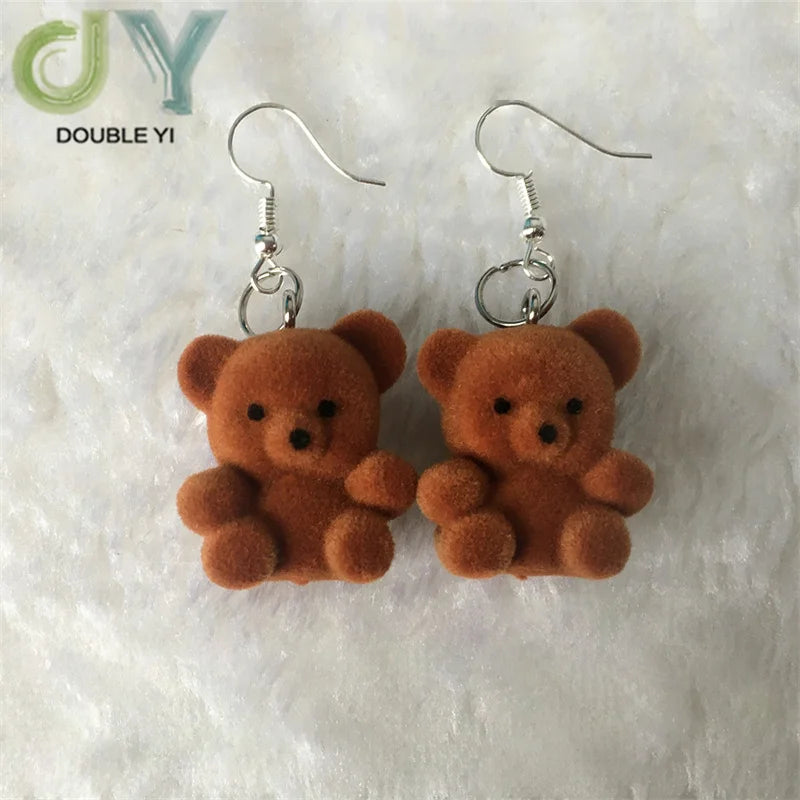 Wholesale Cute Brown Flocking Plastic Glazed Bear Earrings for Chinese New Year & Christmas Fashionable Party Supplies