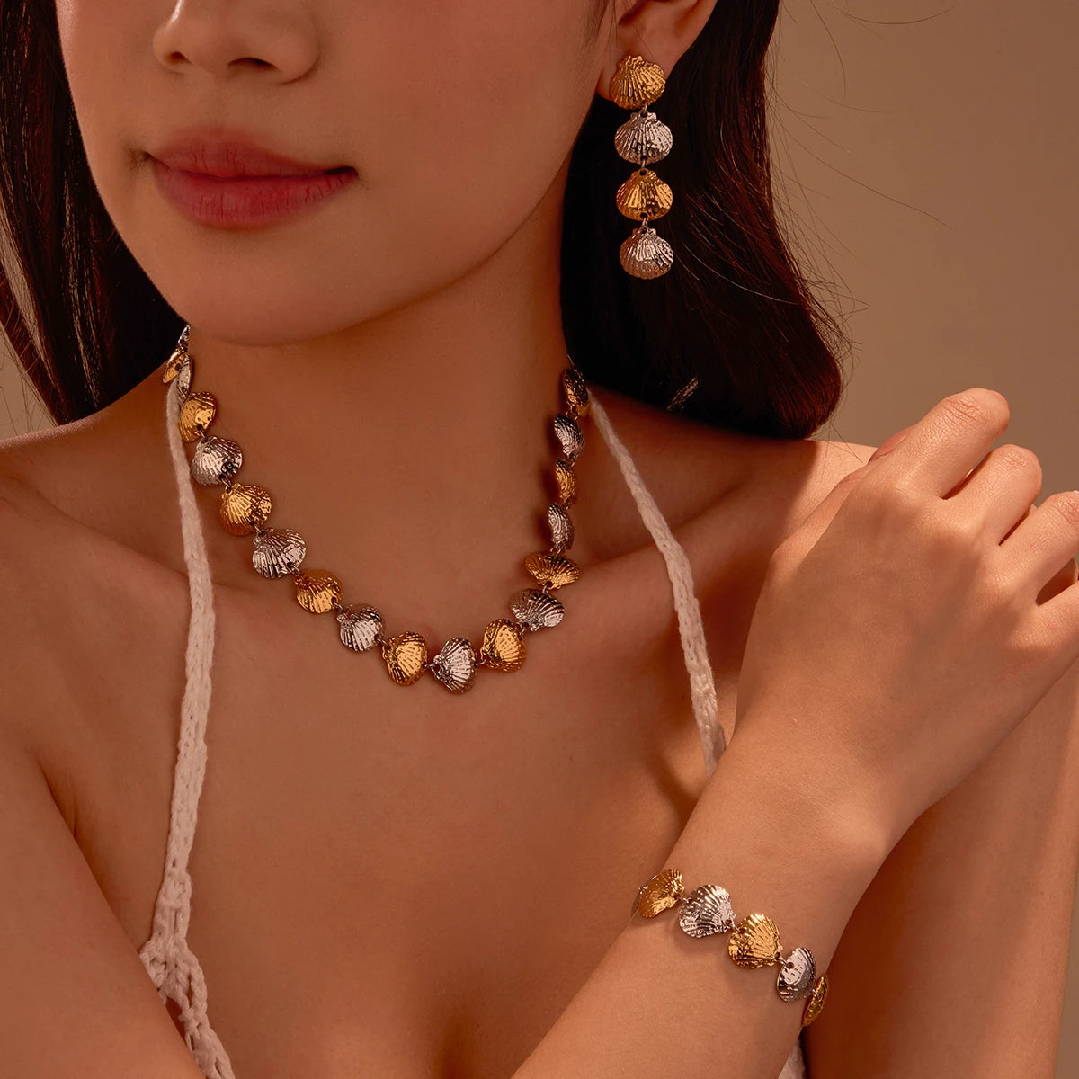 Summer Beach Two Tone Shell Bridge Jewelry Set Waterproof Stainless Steel Earrings Bracelet Necklace Set for Women