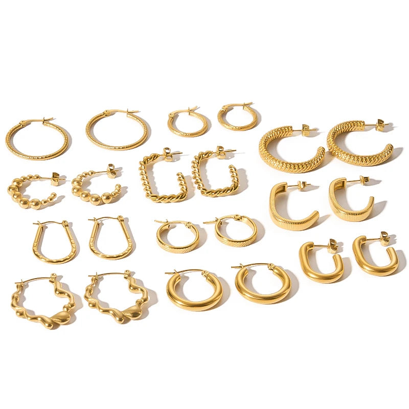 18K PVD Plated Minimalist Design Stainless Steel Women's Trendy CC Hoop Earrings High-Polished Geometric Opp Bag Tarnish-Free